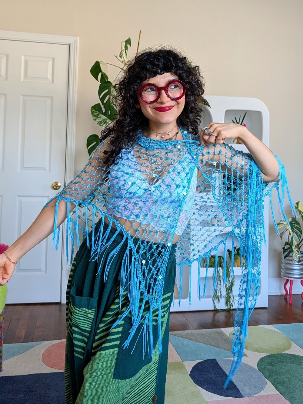 Vintage Y2K blue crochet poncho with fringe and sequins